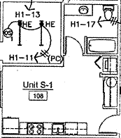 Floor plan for studio, 1 bath, 332 sqft